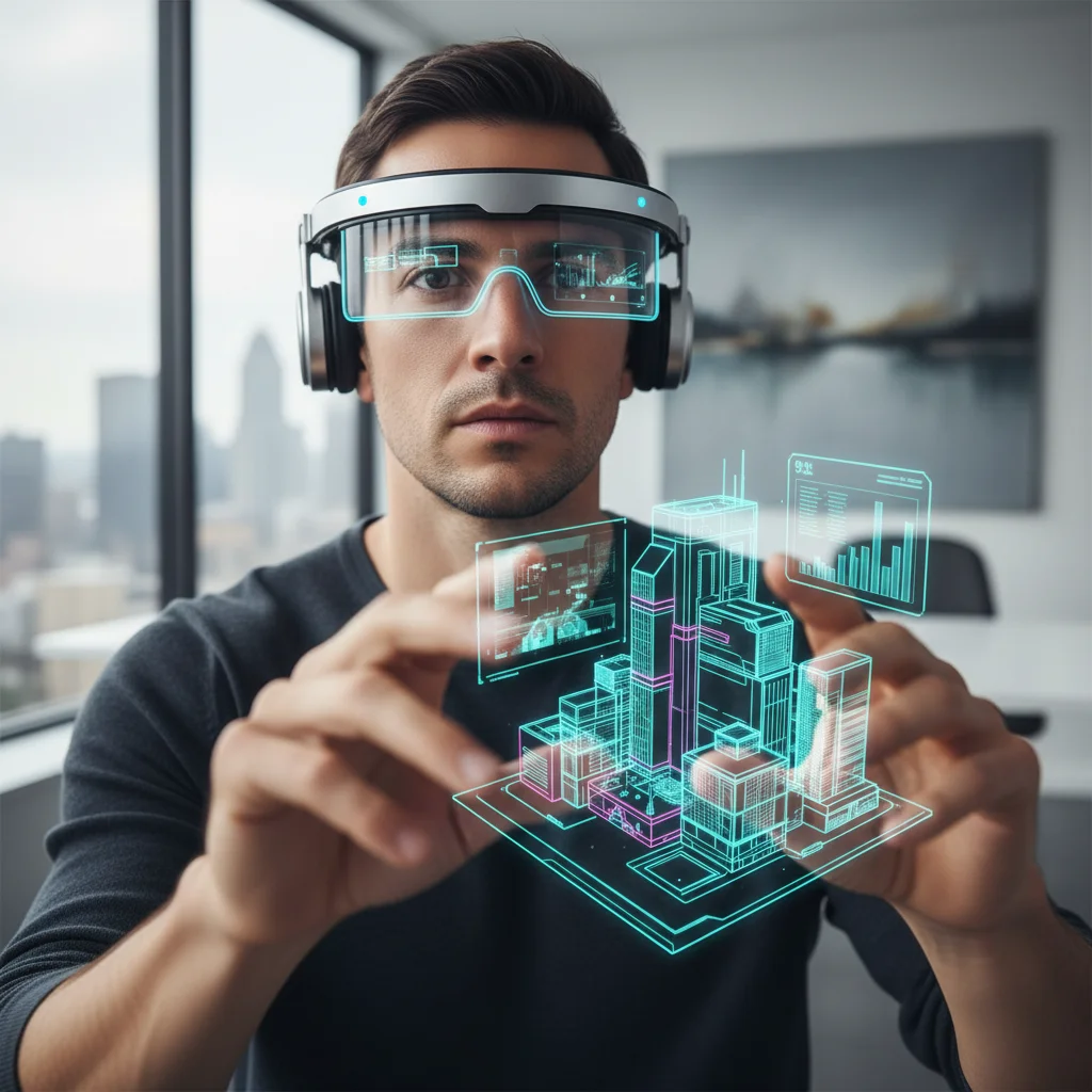 Person wearing advanced AR headset interacting with a 3D digital model in a modern office.
