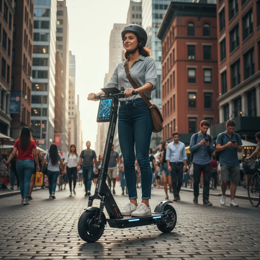 Person riding advanced foldable electric scooter in city