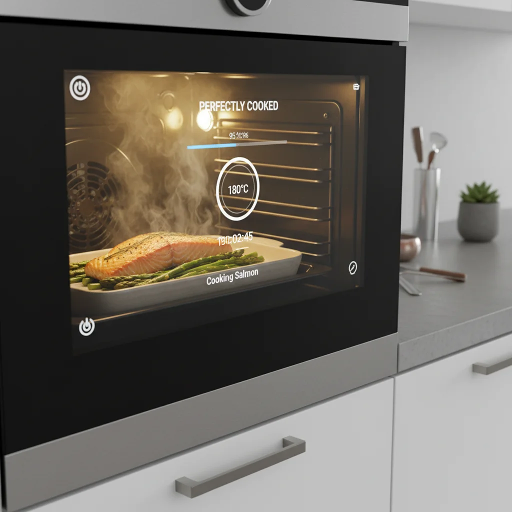 AI-powered smart oven with touchscreen displaying cooking progress