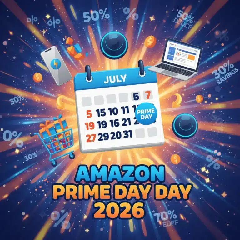 Amazon Prime Day 2026 calendar with product icons and discount symbols