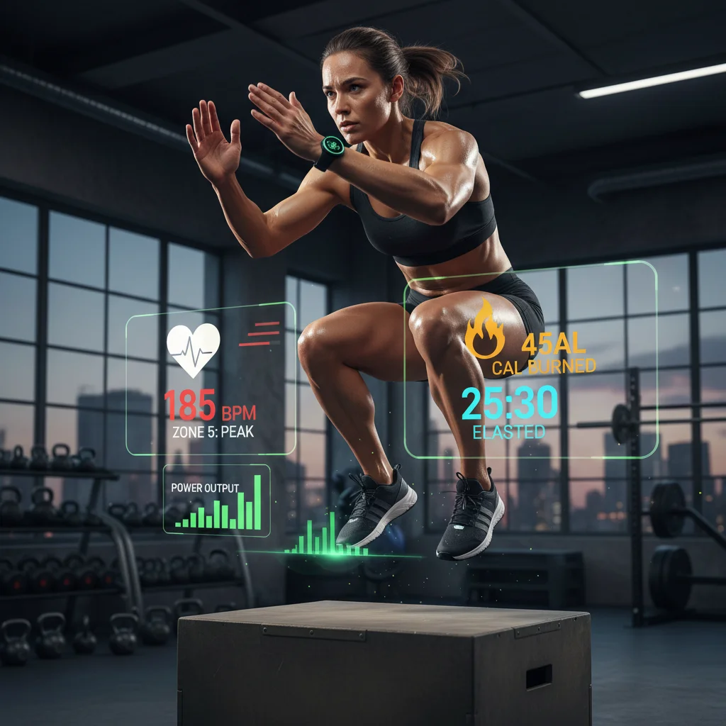 Athlete with fitness tracker tracking real-time workout data