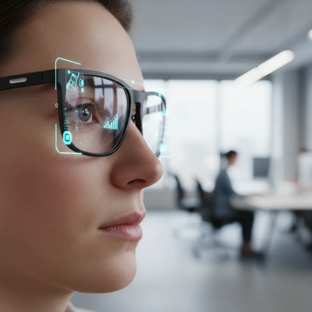 Person wearing minimalist augmented reality glasses, interacting with holographic interfaces in a modern setting.