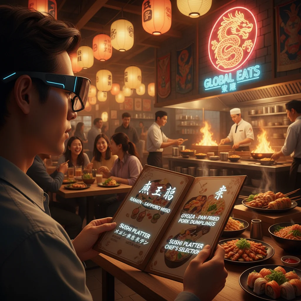 Person using augmented reality glasses for real-time translation on a foreign menu.