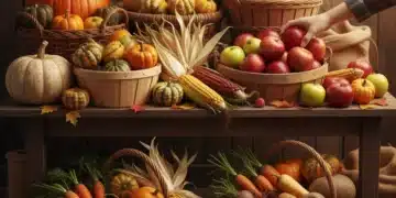 Abundant autumn harvest with colorful seasonal produce in rustic baskets, symbolizing fresh deals.