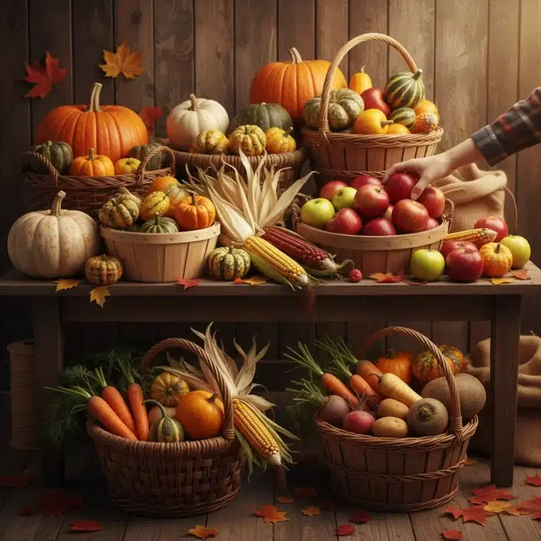 Abundant autumn harvest with colorful seasonal produce in rustic baskets, symbolizing fresh deals.
