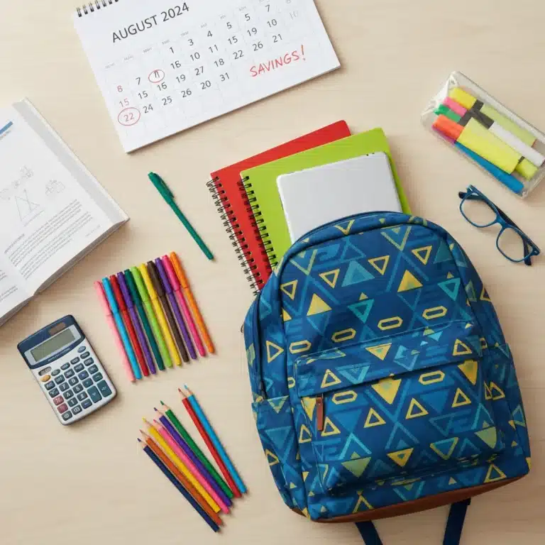 Organized back-to-school supplies display with notebooks, pens, backpack, and calculator, ready for savings in 2026