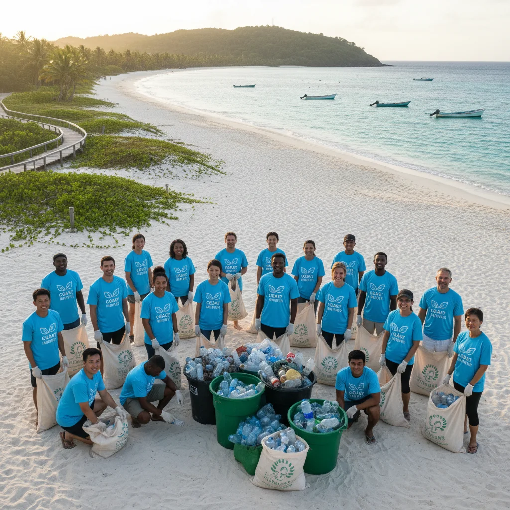 Volunteers cleaning a beach, promoting environmental conservation in tourism.