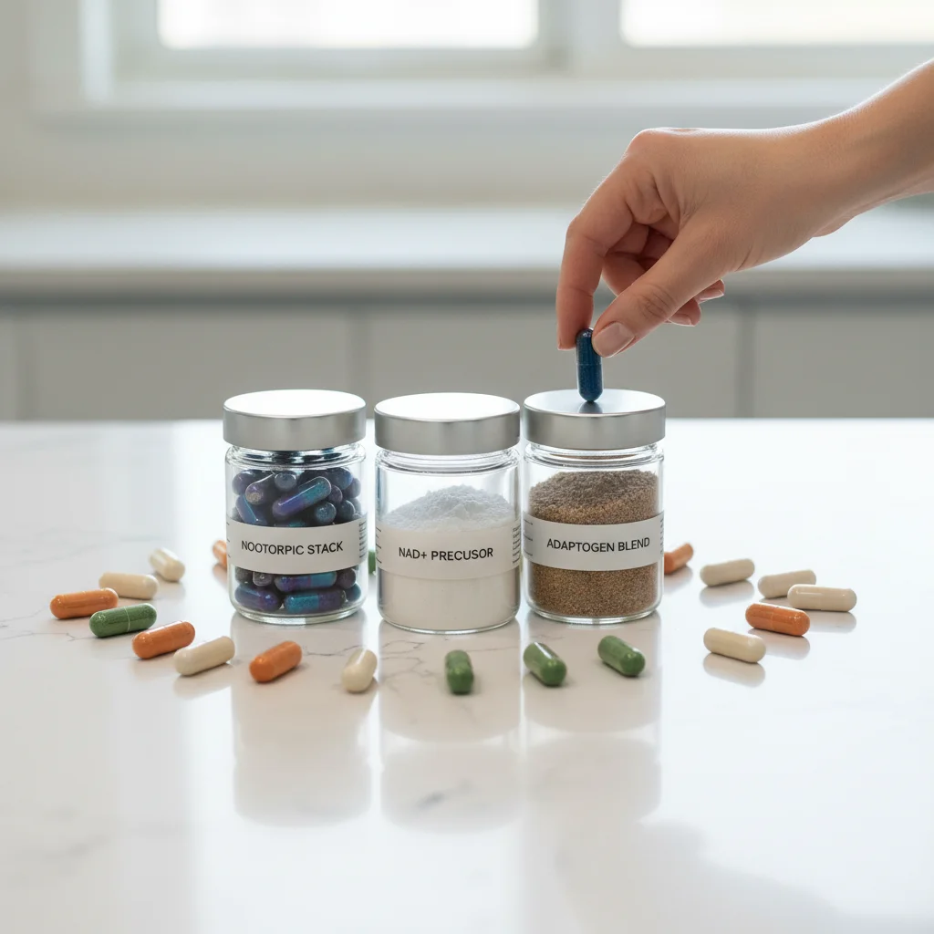 Assortment of bio-hacking supplements including nootropics and adaptogens.