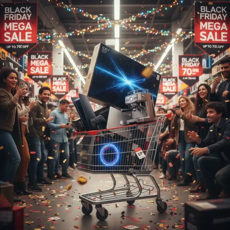Shopping cart filled with big-ticket items during Black Friday sale
