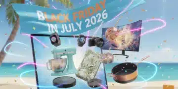 Black Friday in July 2026 sales event banner with electronics and home goods