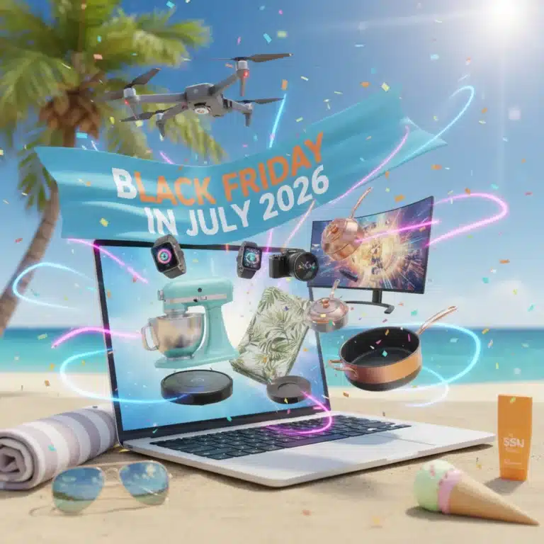 Black Friday in July 2026 sales event banner with electronics and home goods