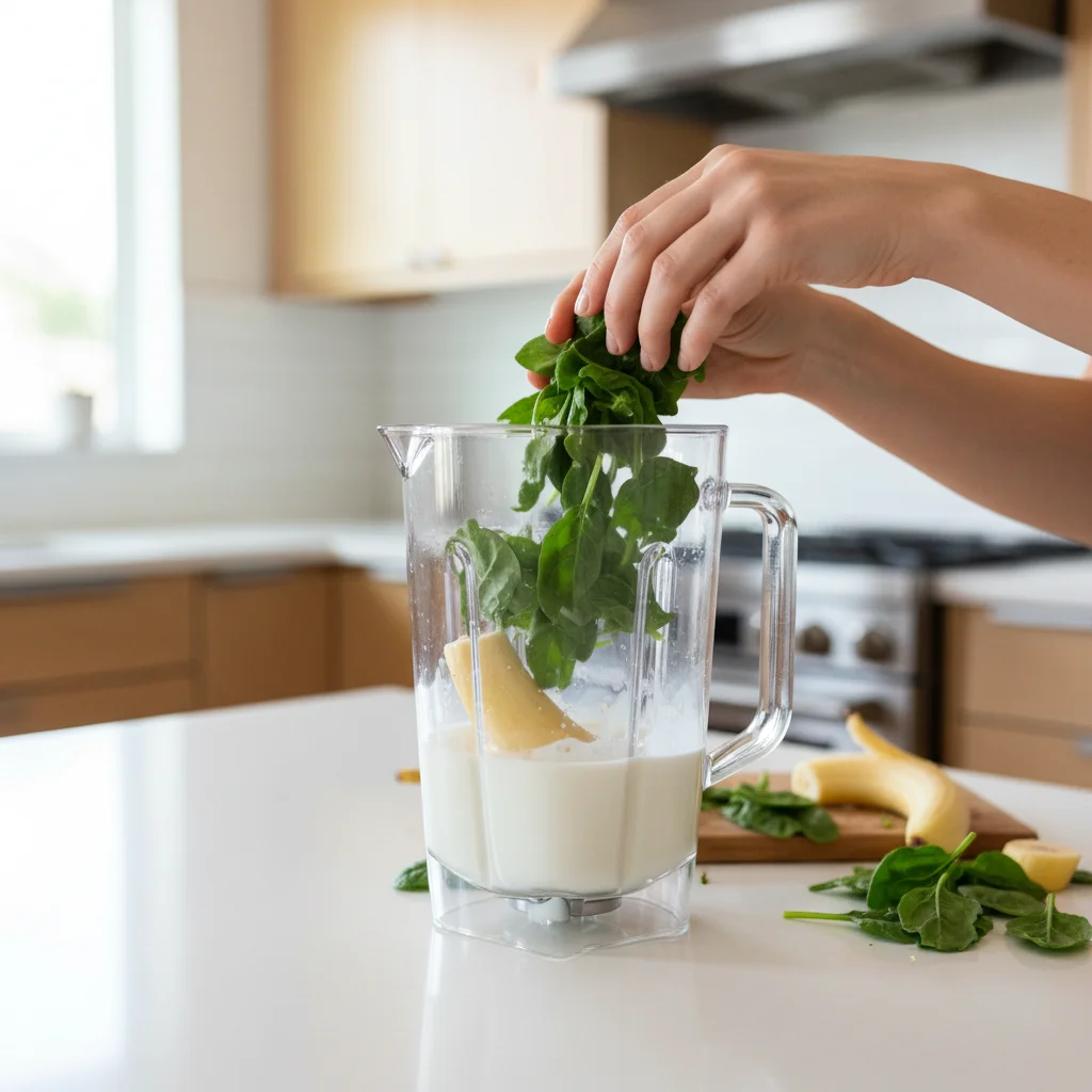 Hands blending a healthy green plant-based smoothie in a modern kitchen.