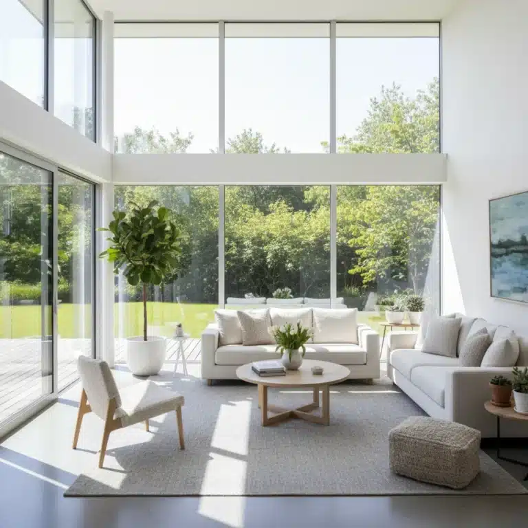 Bright modern living room with large windows and natural light