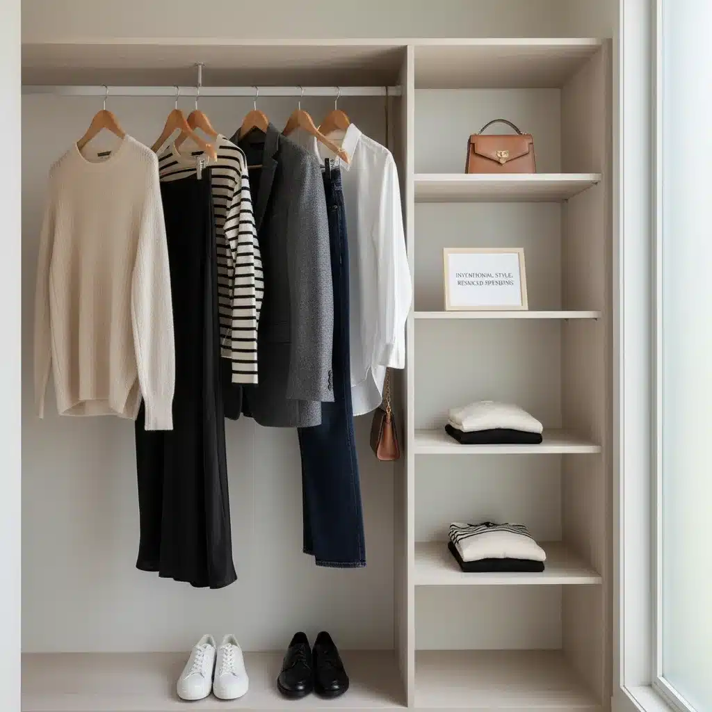 Organized capsule wardrobe in a minimalist closet, demonstrating intentional consumption.