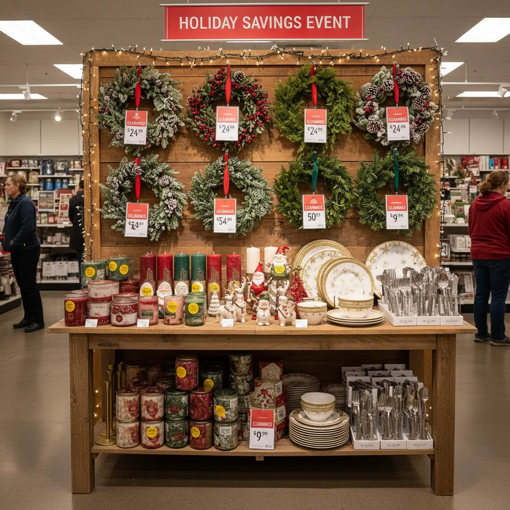 Organized display of discounted holiday home decor during Post-Holiday Sales 2026.