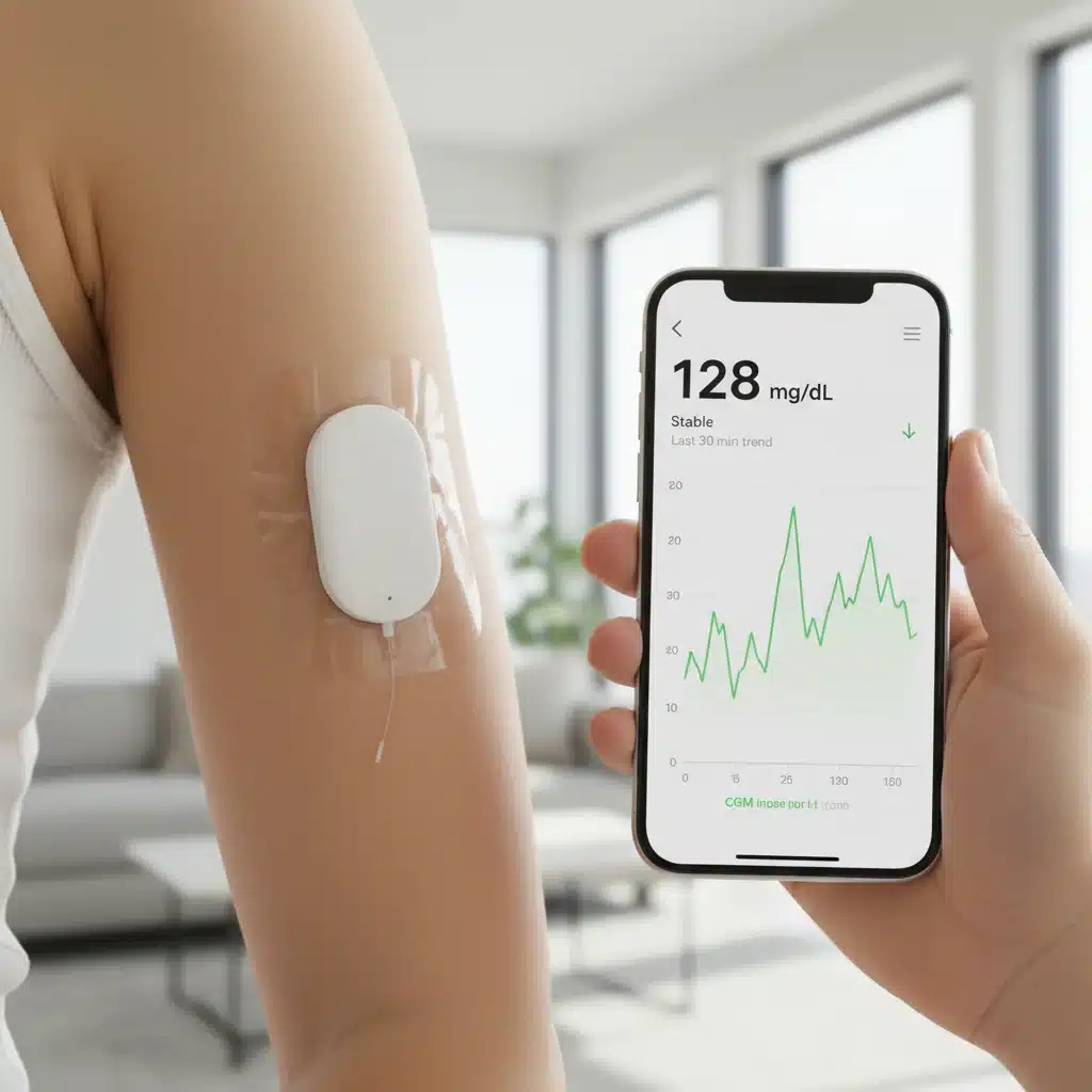 Continuous glucose monitor patch on arm with smartphone showing real-time data