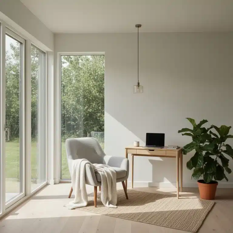 Cozy minimalist home office third space with natural light