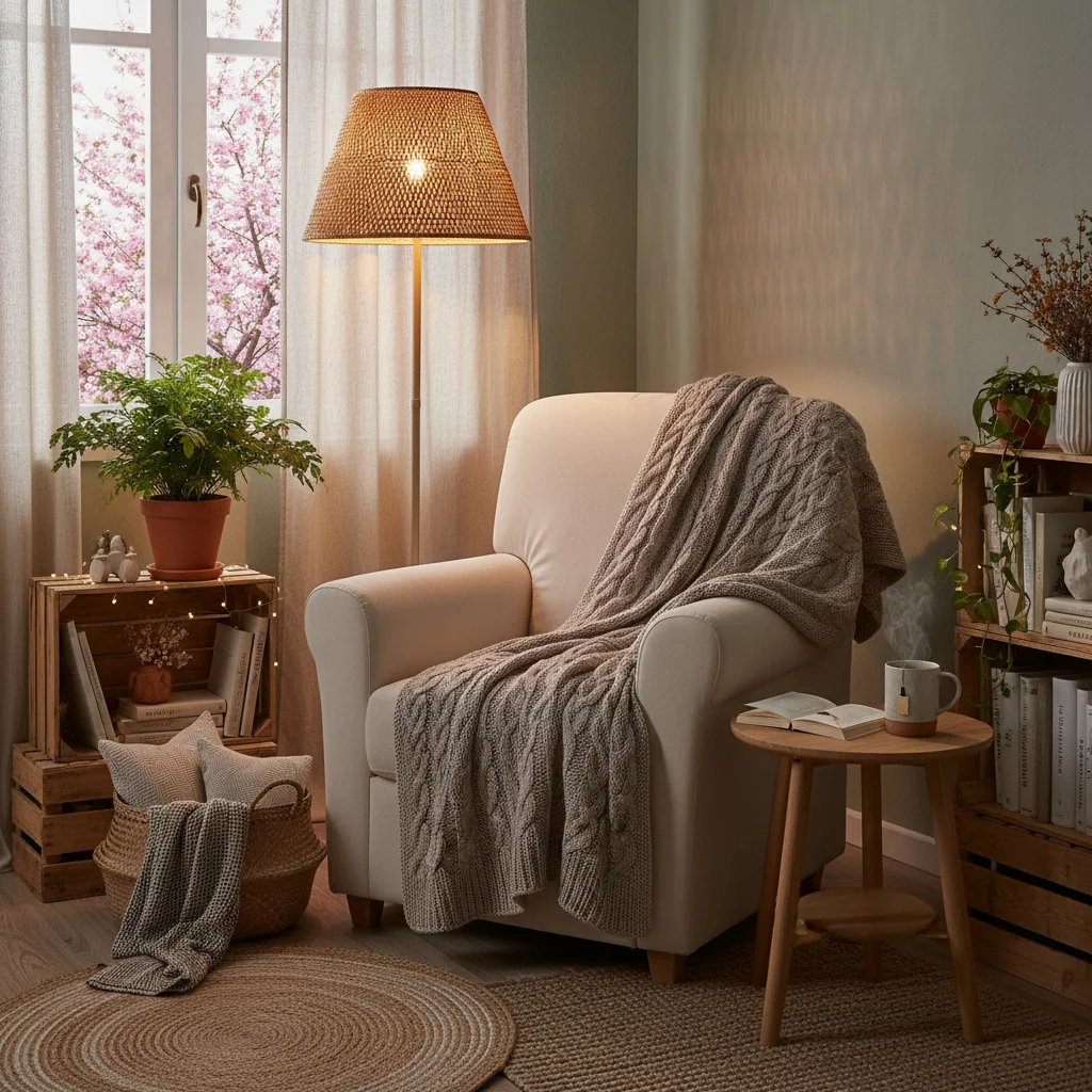 Cozy reading nook with warm lighting and natural textures, embodying comfort and hygge