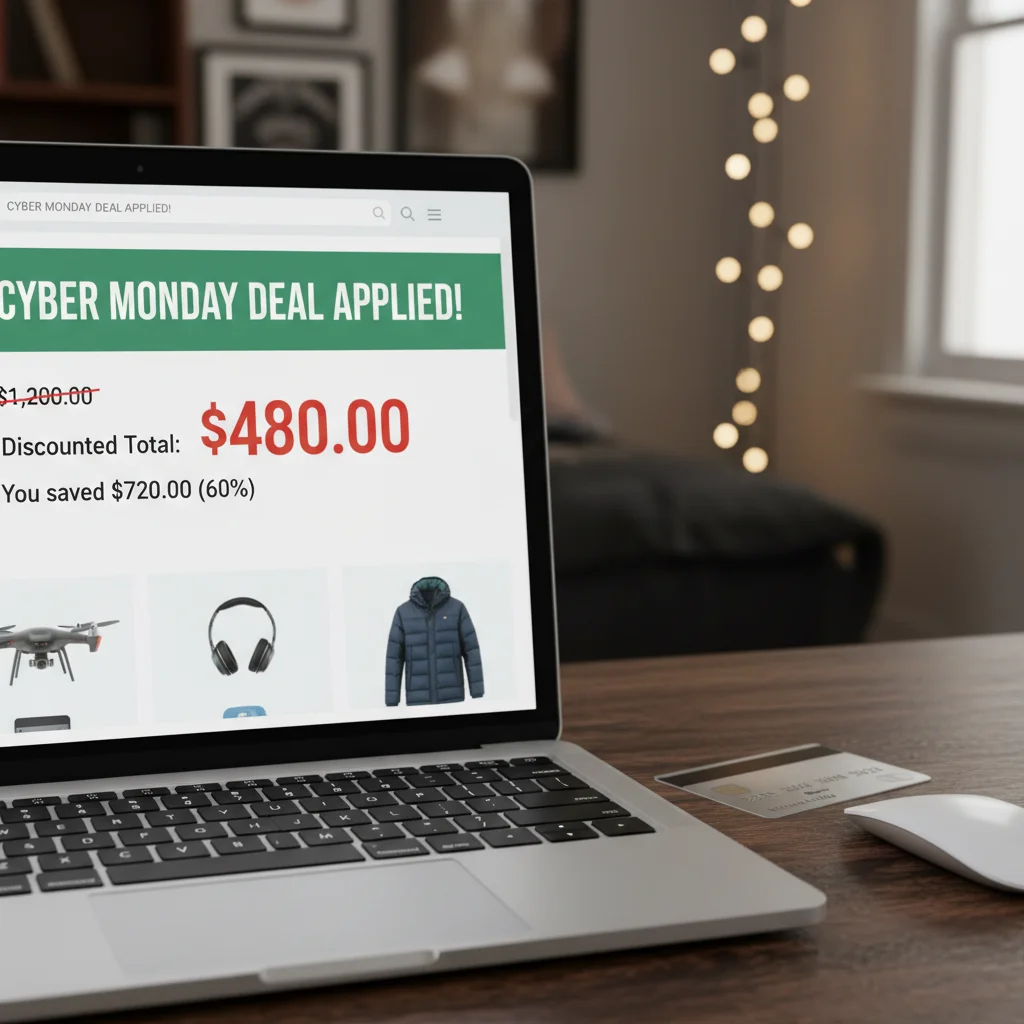 Laptop screen showing a significant Cyber Monday discount in a shopping cart