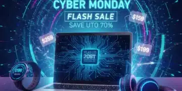 Collection of modern tech gadgets glowing with Cyber Monday sale graphics