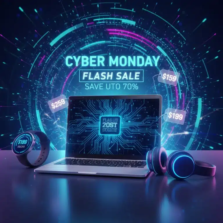Collection of modern tech gadgets glowing with Cyber Monday sale graphics
