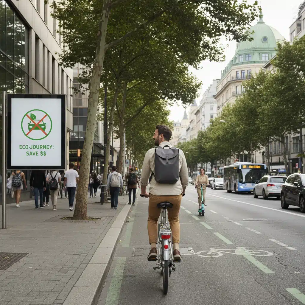 Person cycling with a small backpack, representing eco-friendly transport and reduced expenses.