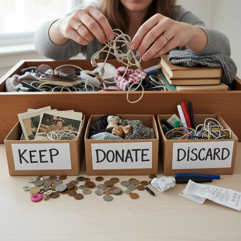 Hands sorting items in a drawer, illustrating the decluttering process.