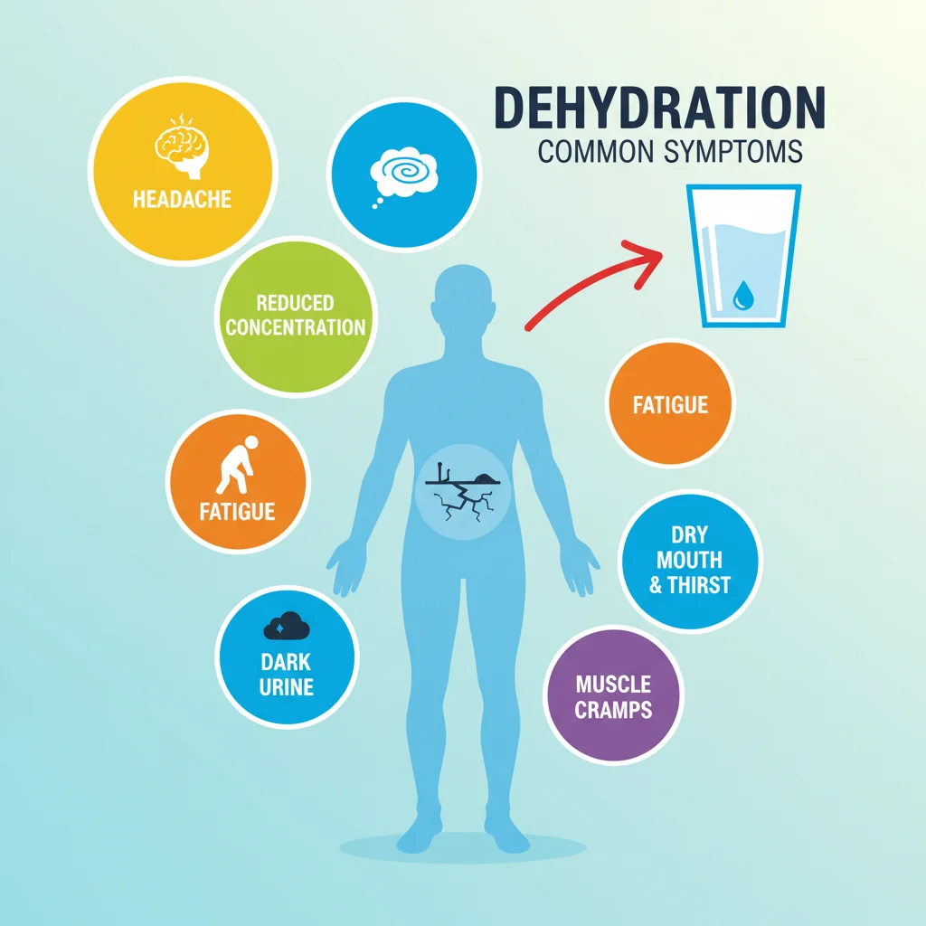 Infographic showing common dehydration symptoms like fatigue and headaches