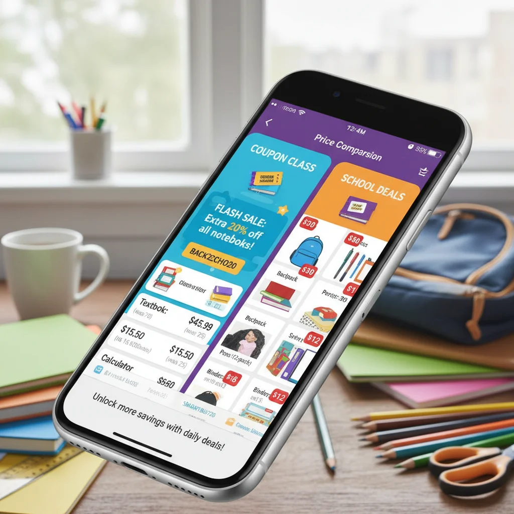 Smartphone screen showing price comparison apps and digital coupons for school supplies
