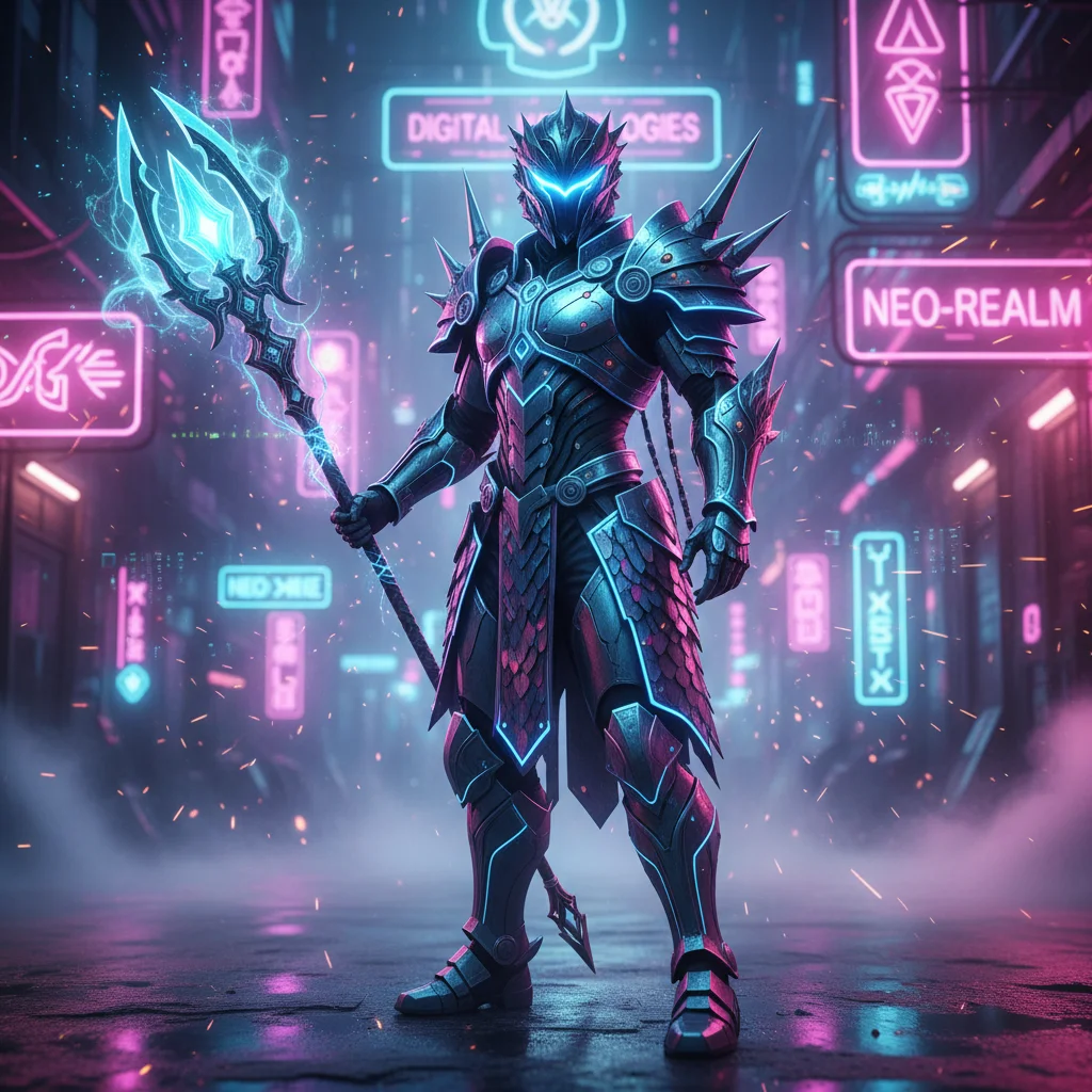 Cyber-fantasy warrior costume with LED lights, representing digital mythologies trend