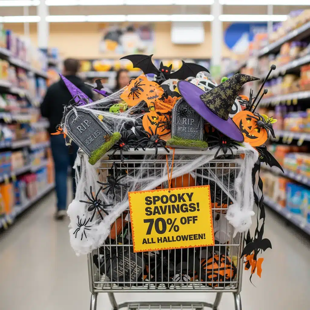 Shopping cart filled with discounted Halloween decorations like cobwebs and plastic spiders.