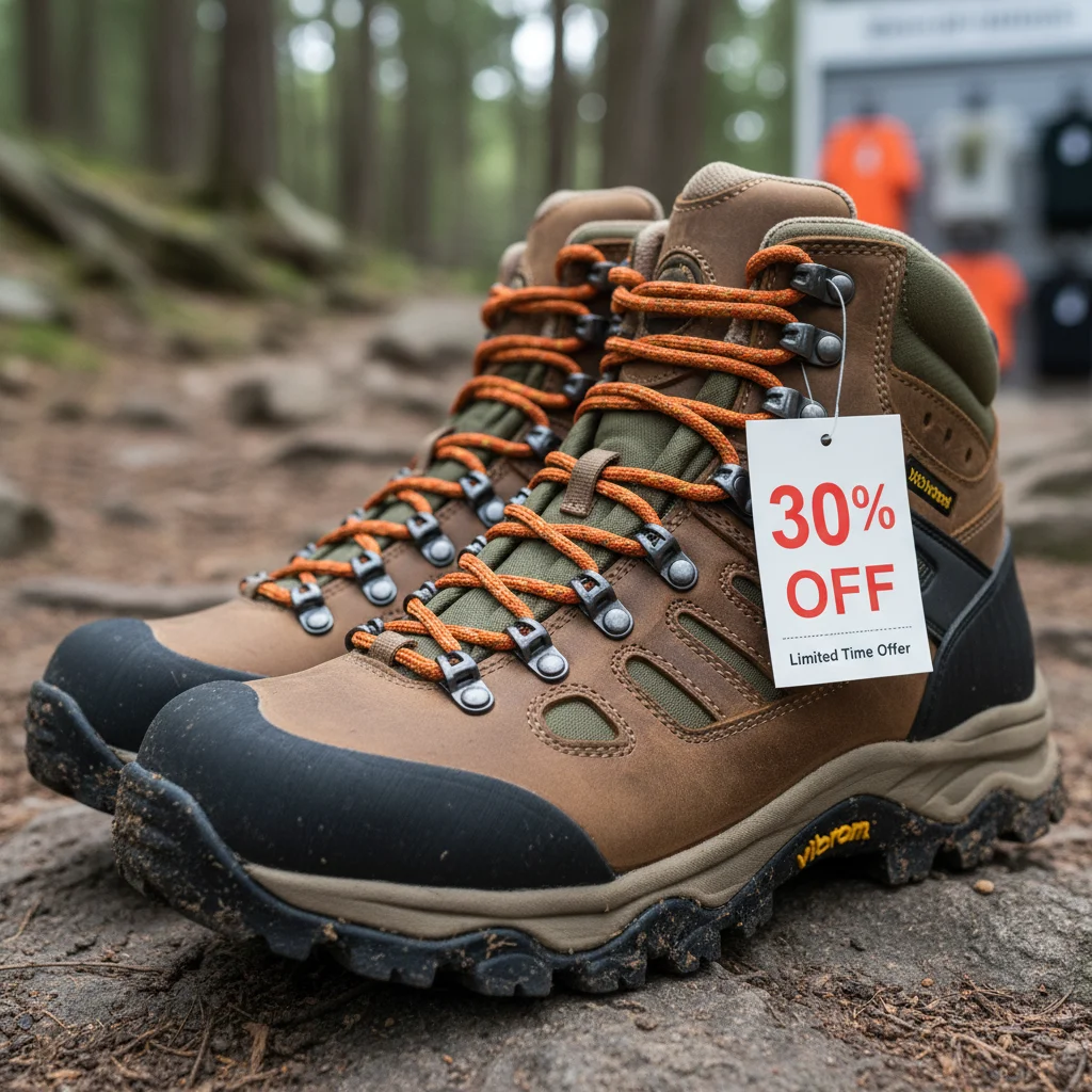 Close-up of discounted high-performance hiking boots with a 30% off tag