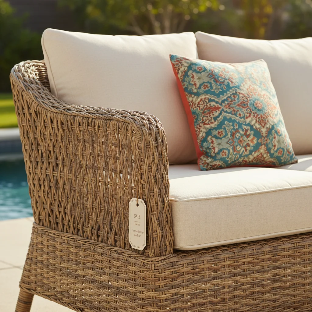 High-quality outdoor sofa with weather-resistant cushions, part of a discounted patio set.