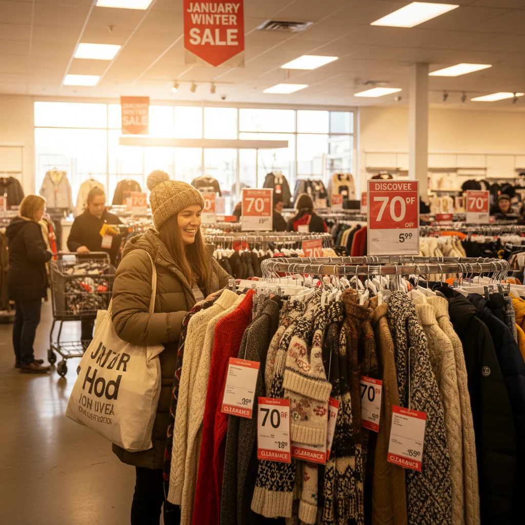 Shopper browsing discounted winter apparel during January Post-Holiday Sales 2026.
