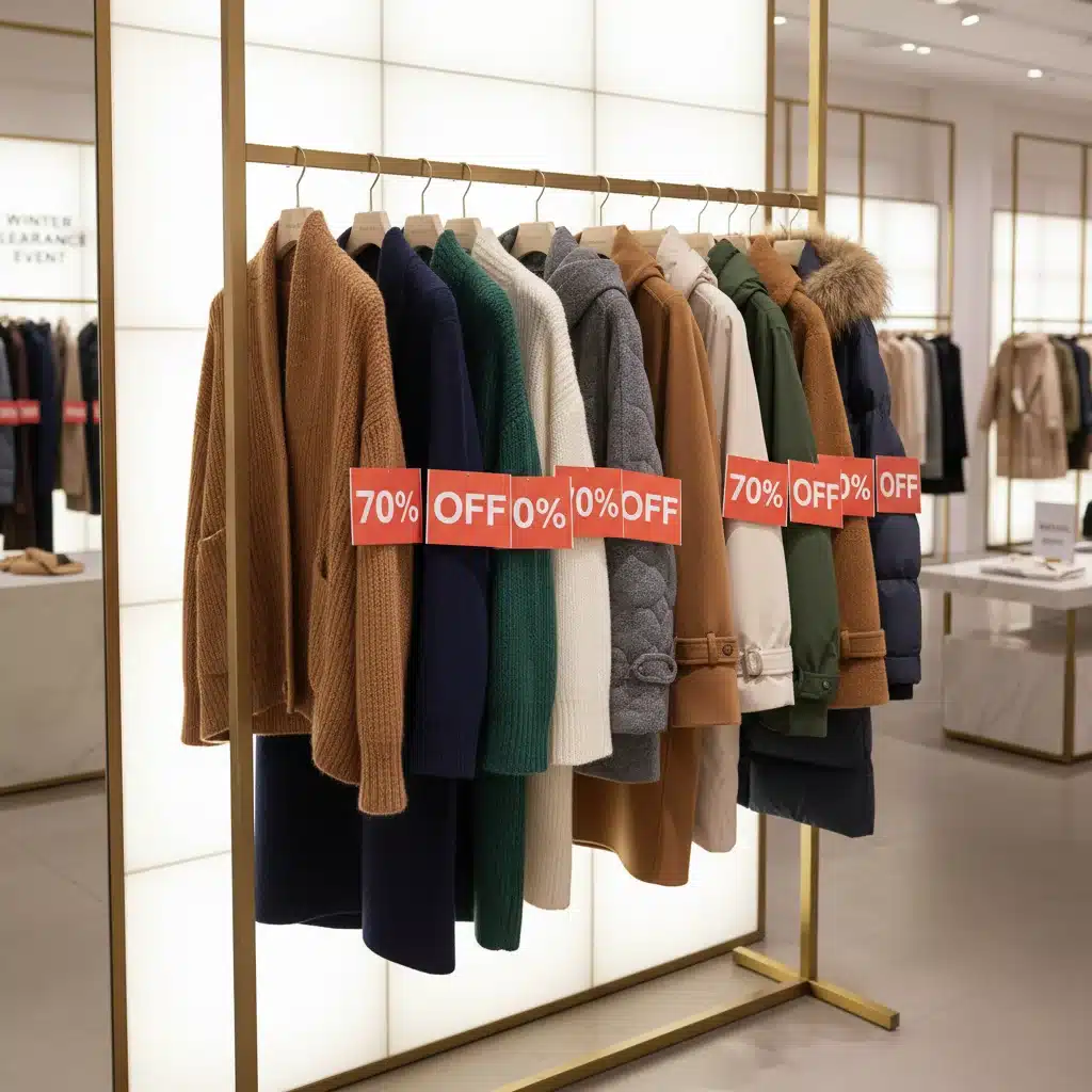 Rack of fashionable winter coats with 70% off tags