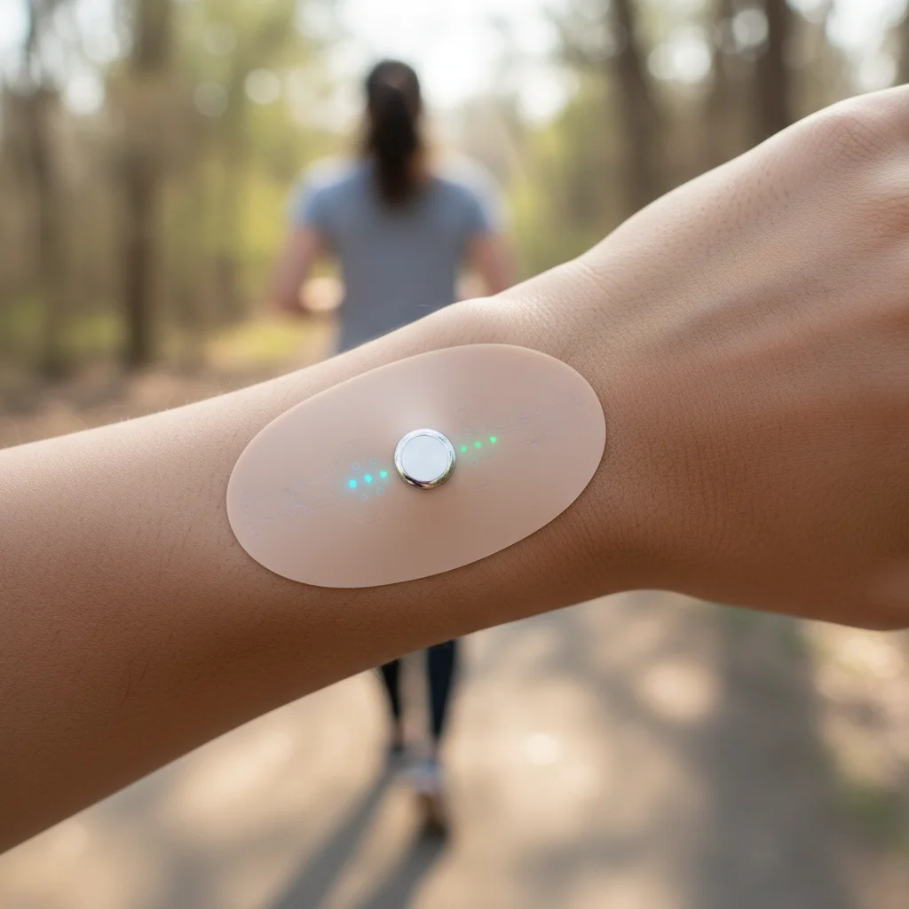 Close-up of a discreet smart health monitoring patch on a person's wrist during physical activity.