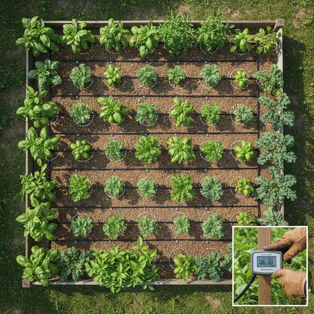 Efficient drip irrigation system delivering water precisely to plant roots in a garden.
