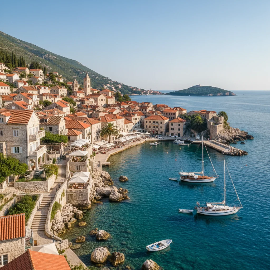 Picturesque coastal town in Eastern Europe with historic architecture and a serene sea view.