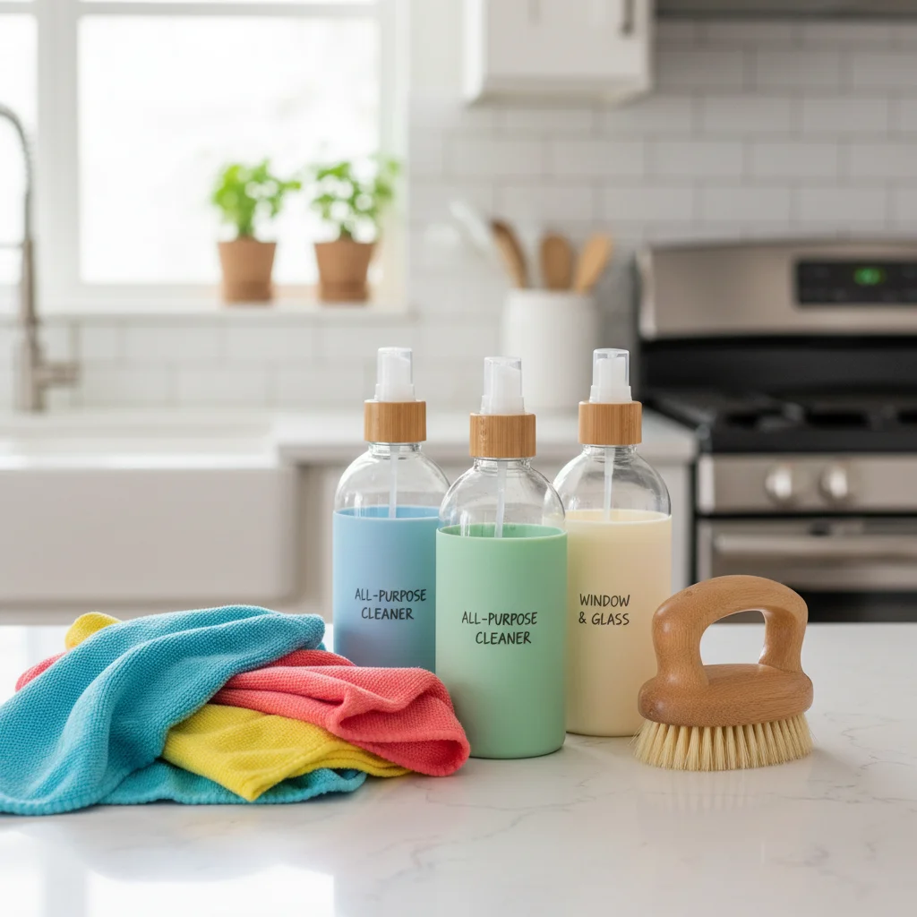 Eco-friendly cleaning kit with reusable bottles and microfiber cloths.