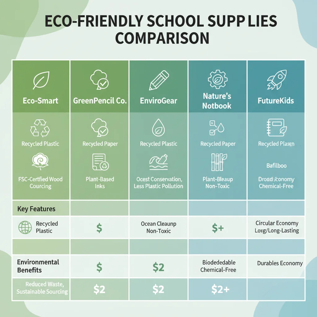 Infographic comparing features and environmental benefits of five eco-friendly school supply brands.