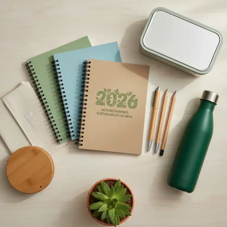 Assortment of eco-friendly school supplies for Back-to-School 2026, including recycled notebooks and bamboo pens.