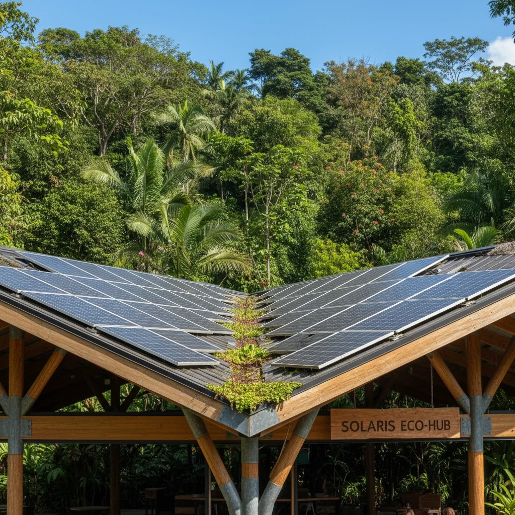 Solar panels on an eco-lodge, representing renewable energy in sustainable travel.