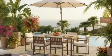 Luxurious patio set and stylish swimwear on display for the End-of-Summer Clearance 2026, with 50% off banner.