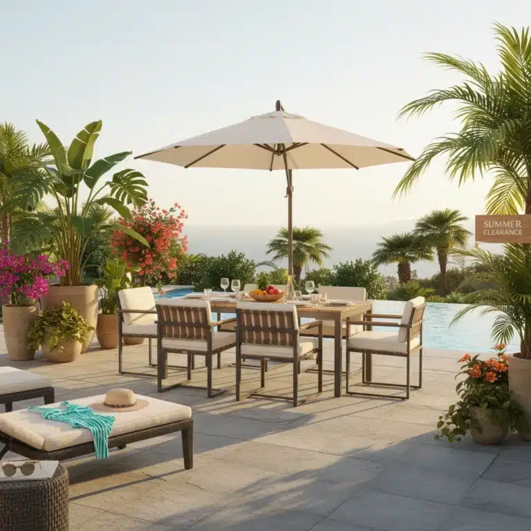 Luxurious patio set and stylish swimwear on display for the End-of-Summer Clearance 2026, with 50% off banner.