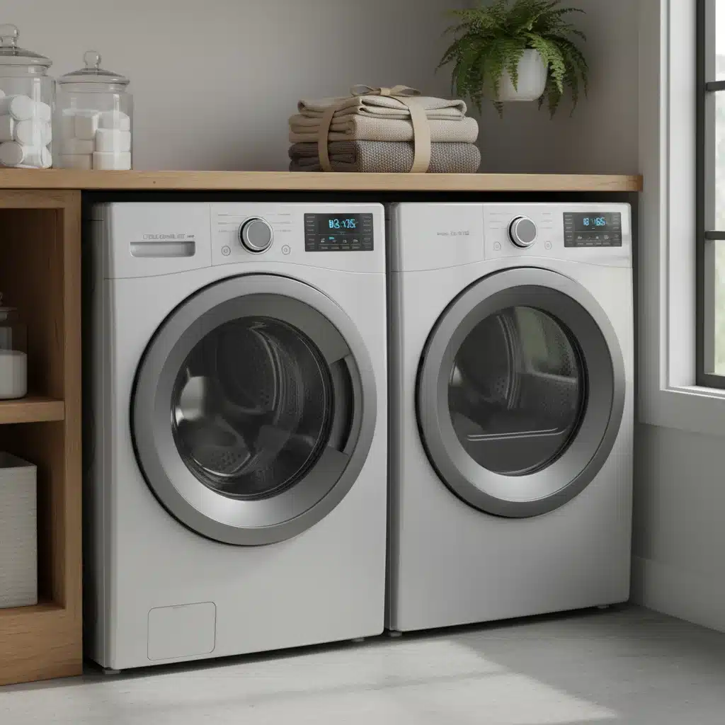 Energy efficient washing machine and dryer set in a modern laundry room