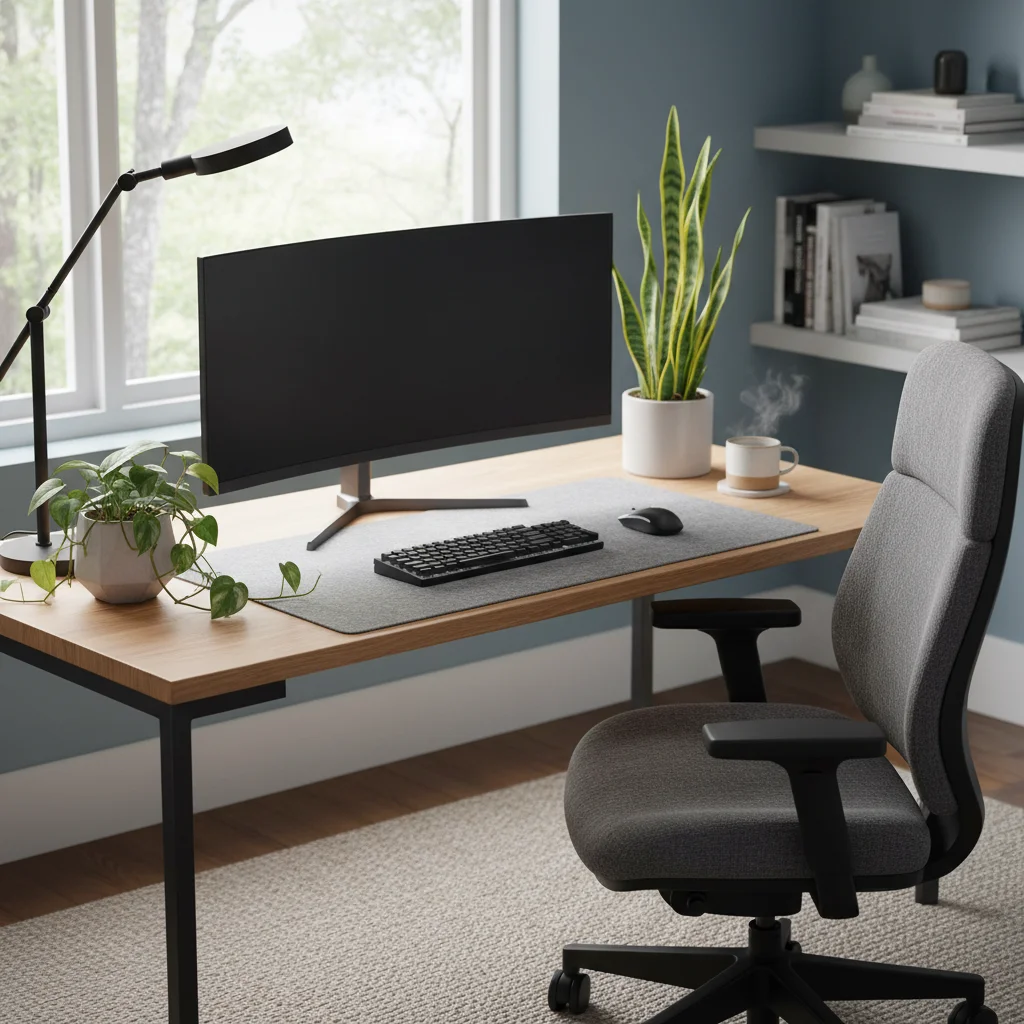 Ergonomic home office setup with monitor and plants, ready for productivity