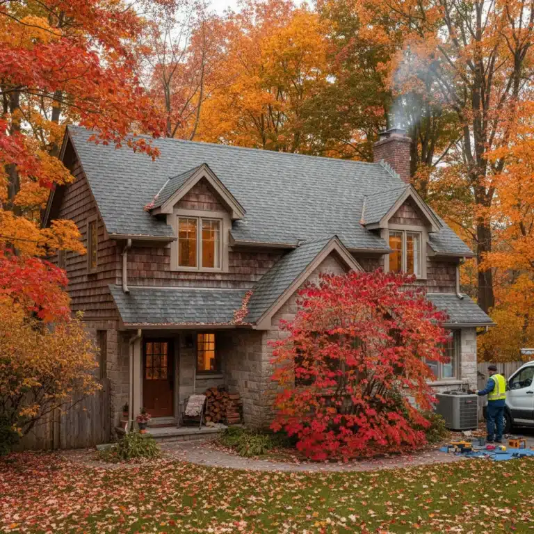 Autumn house with clean gutters and a professional checking the HVAC system, symbolizing fall home preparation.