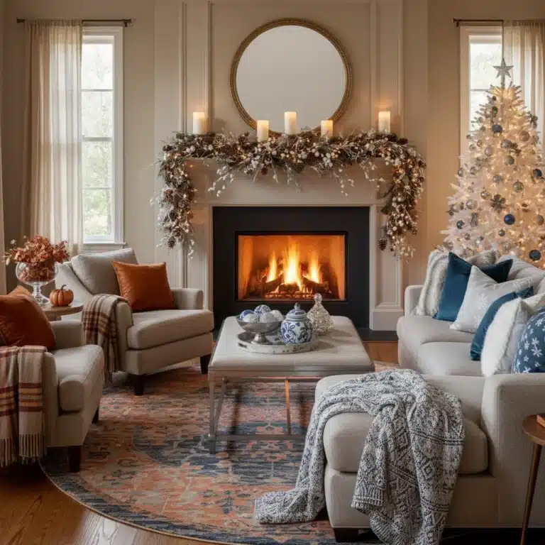 Cozy living room with seamless fall to winter decor transition