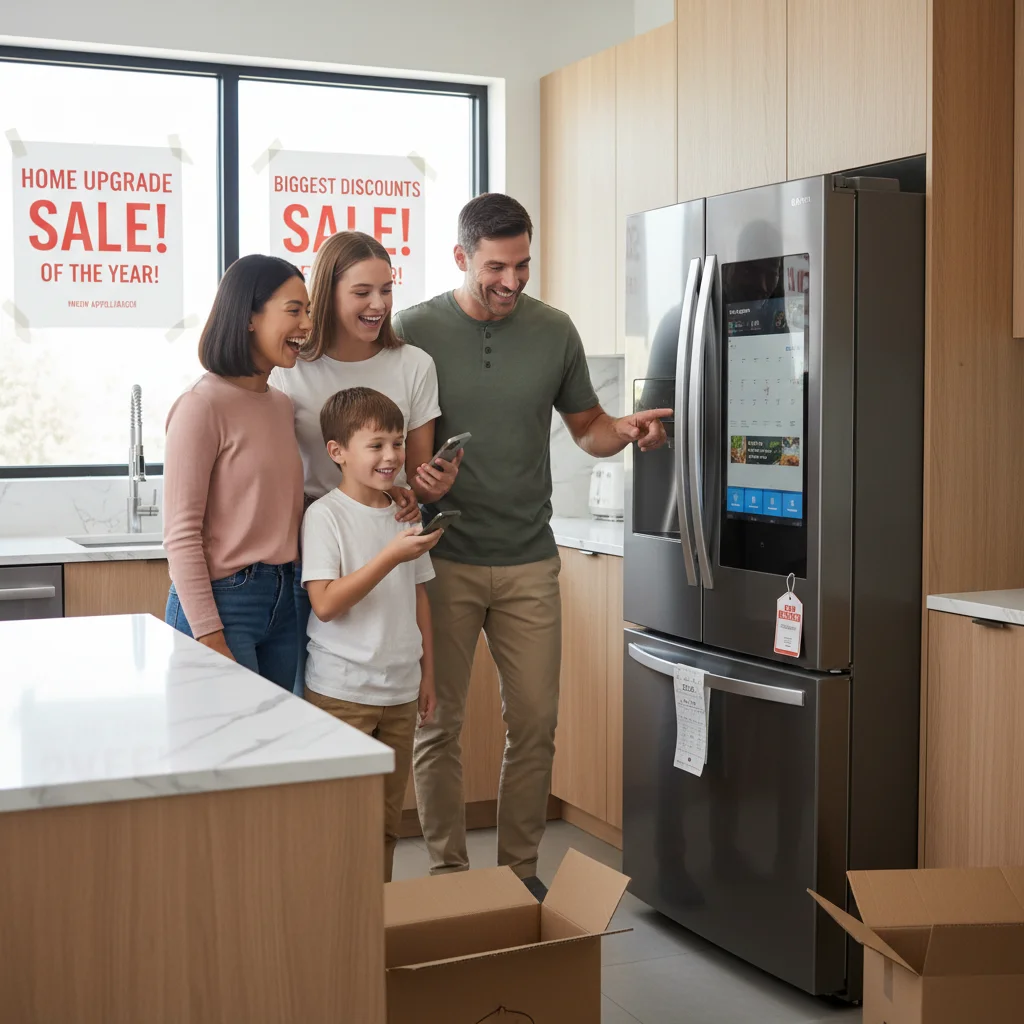 Family admiring their new smart refrigerator purchased during Memorial Day appliance sales
