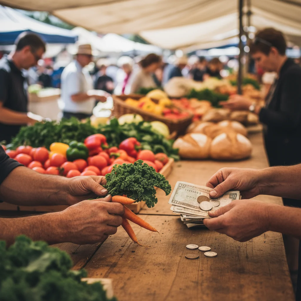 Hands exchanging money for fresh vegetables at a vibrant farmers' market stall.